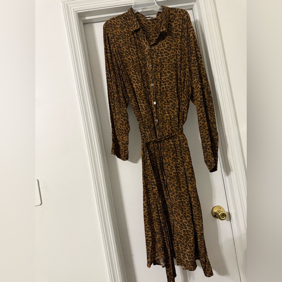 Brown Leopard Print Long Sleeve Shirt Midi Dress - Picture 3 of 6